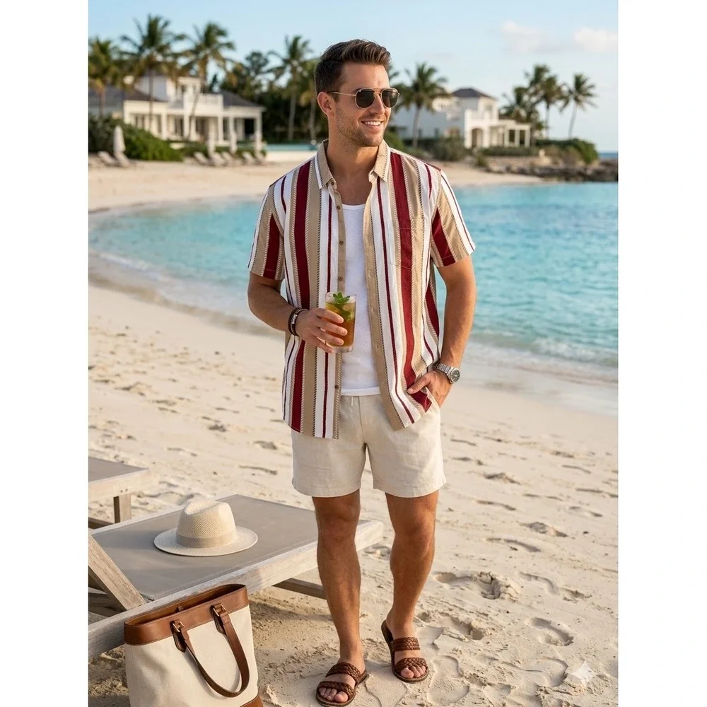 Banana Republic Mens XXL Slim Fit Organic Cotton Striped‎ Short Sleeve Shirt NEW